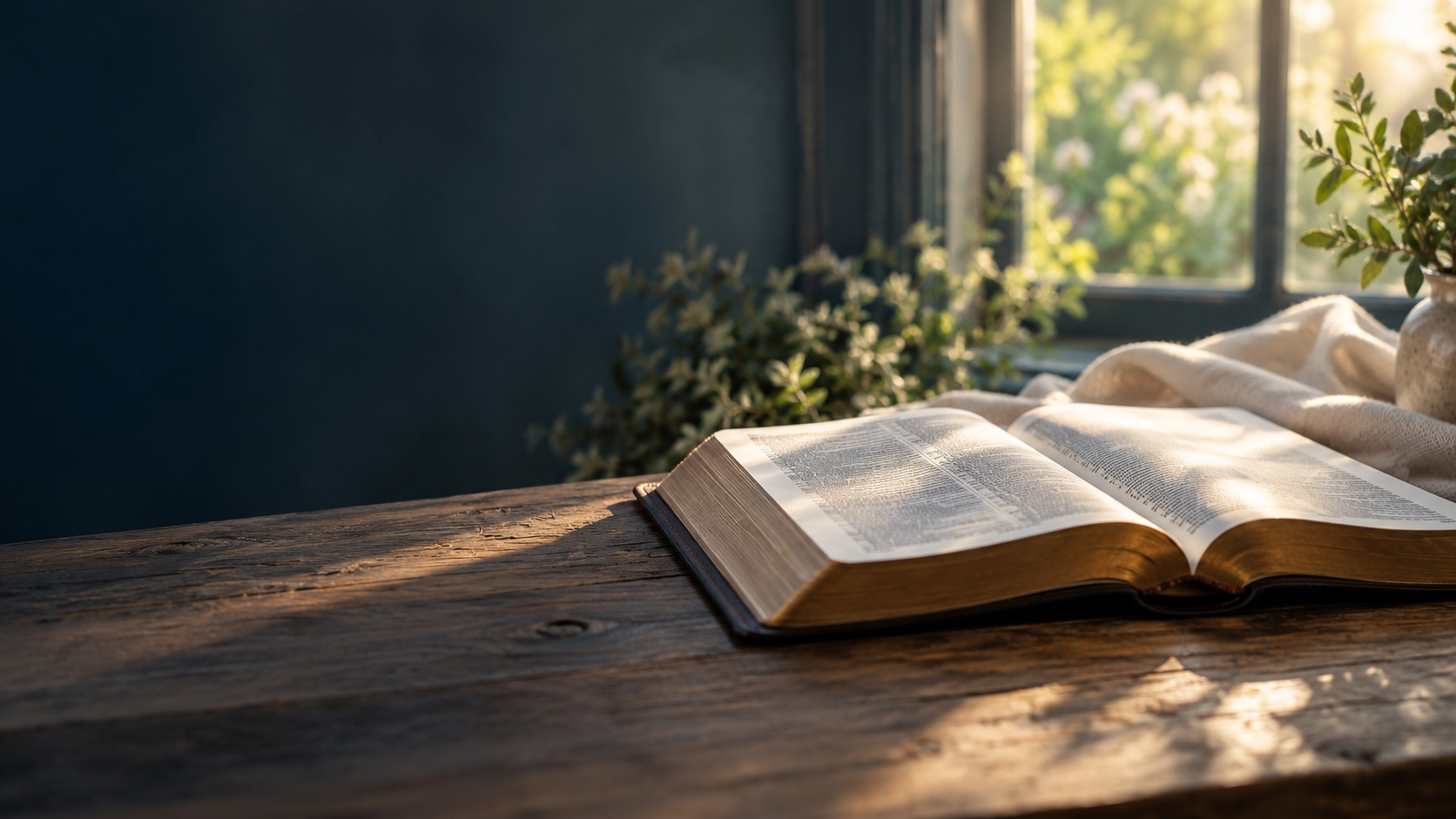 An open Bible in soft morning light